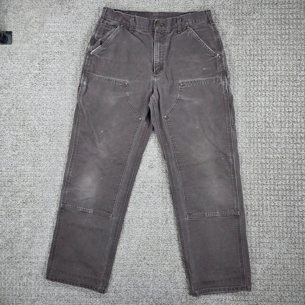 Distressed Carhartt B136 DKB Dark Brown Double Knee Work Pants 33x30 Canvas Mens